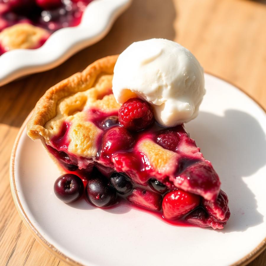 Slice of berry pie with vanilla ice cream