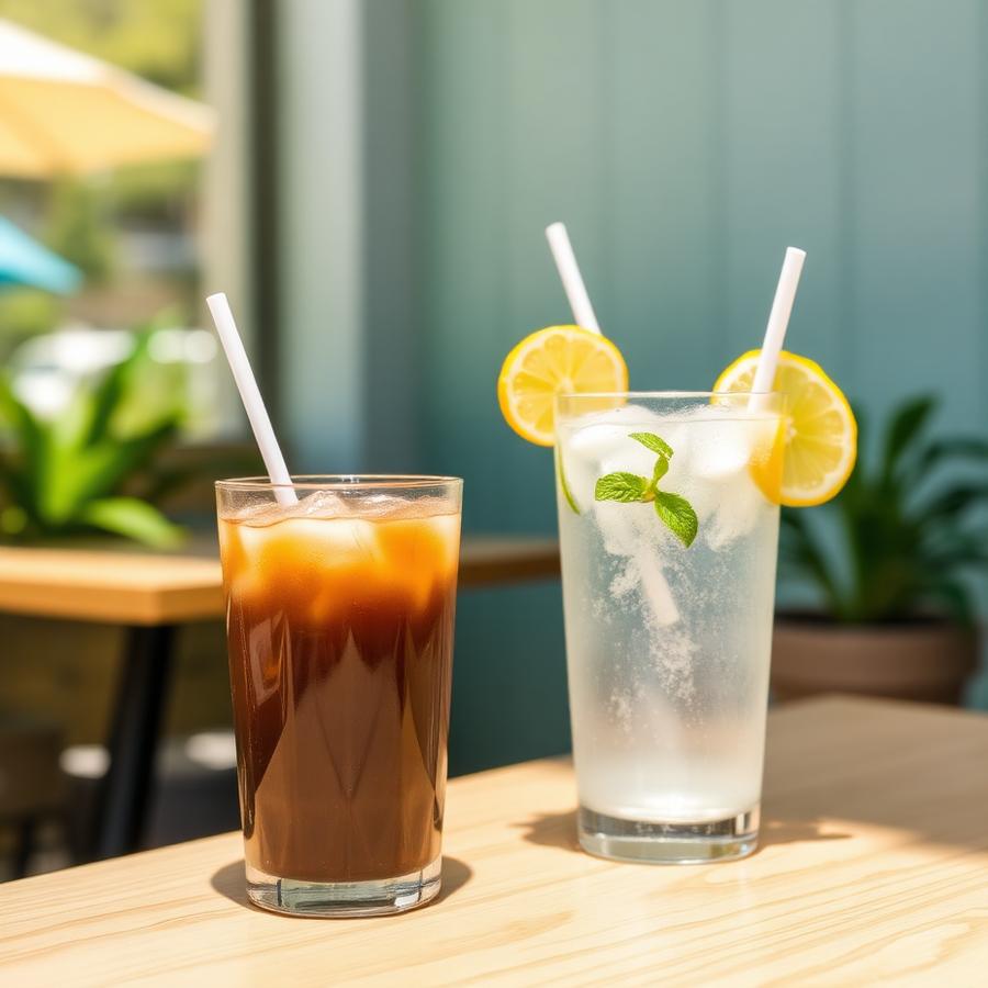 Iced coffee and fresh lemonade on a table